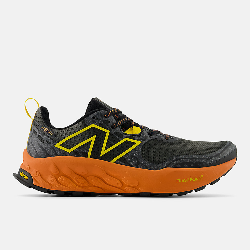 New Balance Fresh Foam X Hierro v8 Shoes Black with Infield Clay and Ginger Lemon